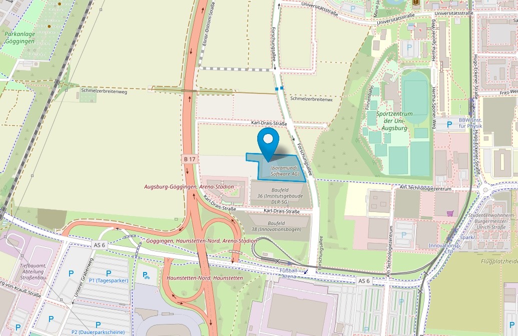 Landkarte zeigt Standort der baramundi Software GmbH in Augsburg, Deutschland.