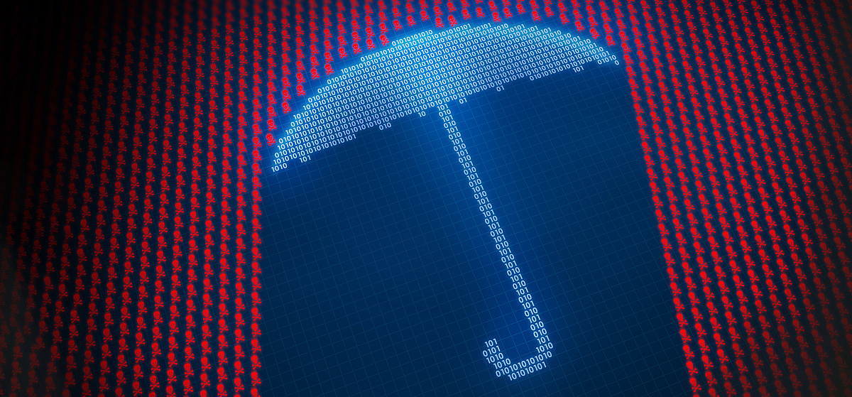 Digitaler Regenschirm aus Einsen und Nullen schützt vor roten Schädel- und Knochen-Symbolen