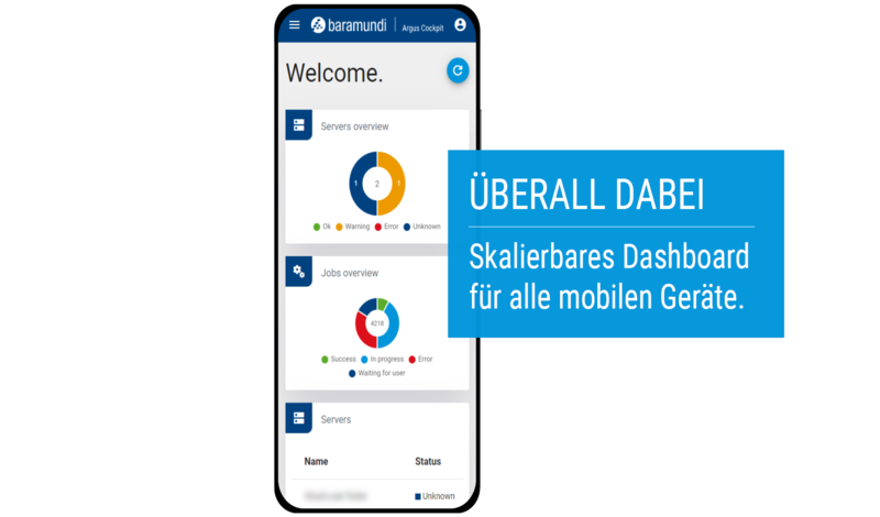Das Bild zeigt eine mobile Ansicht des skalierbaren Dashboards der baramundi Argus Cockpit Software mit Übersicht über Server- und Job-Status