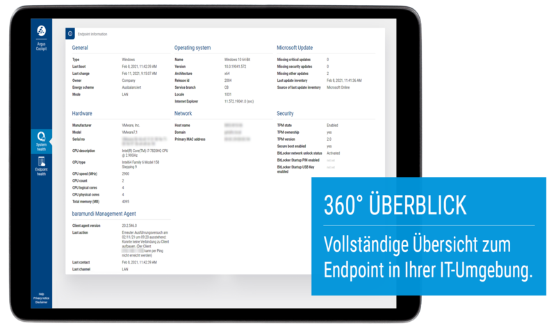 Screenshot des baramundi Argus Cockpit-Tablets mit einem vollständigen Überblick über Endpunktinformationen, einschließlich Betriebssystem, Hardware, Netzwerk und Sicherheitsdetails