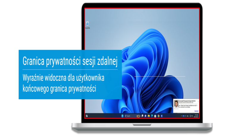 Laptop-Bildschirm mit einer aktiven Remote-Sitzung und einem sichtbaren roten Privatsphärenrahmen, der den Benutzer auf den Fernzugriff aufmerksam macht.