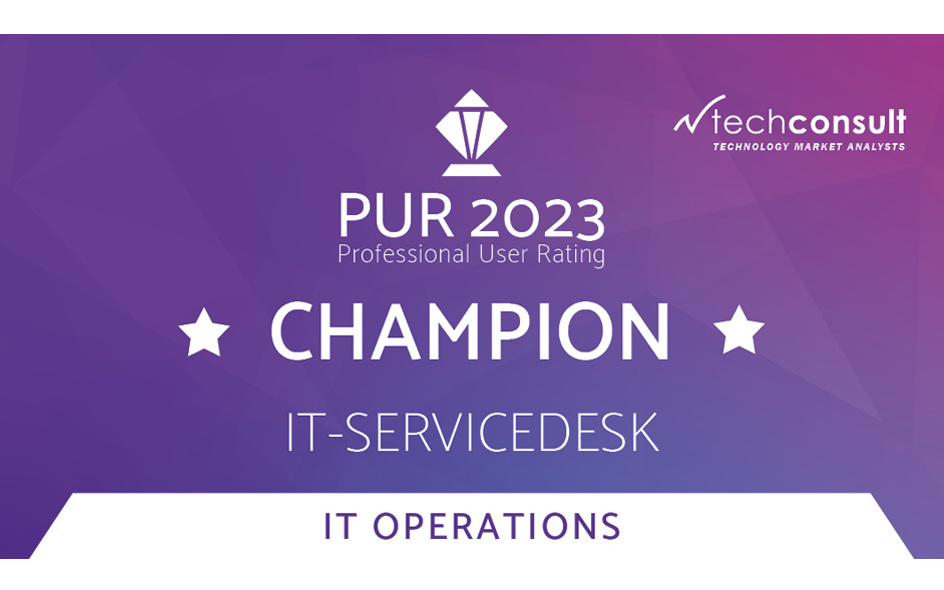 Auszeichnung als "Champion" im PUR 2023 Professional User Rating für IT-Servicedesk IT Operations von techconsult