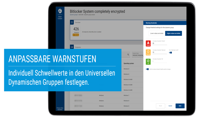 Ein Dashboard auf einem Tablet im baramundi Argus Cockpit zeigt anpassbare Warnstufen für Bitlocker-verschlüsselte Systeme