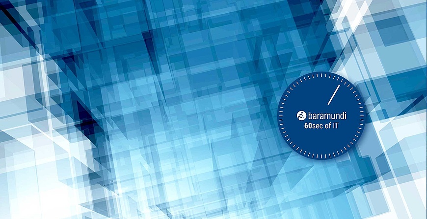 Blaues abstraktes Design mit einem baramundi-Logo und der Aufschrift '60 sec of IT